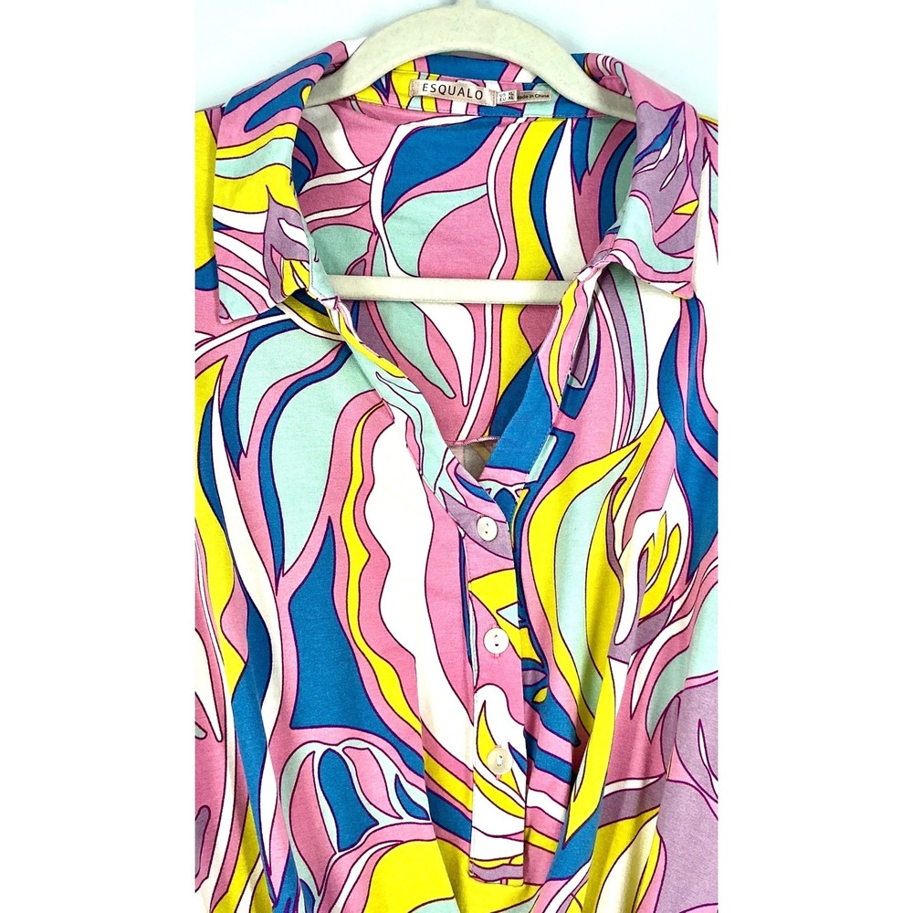 Equal Shirt Dress Pink Blue Yellow Abstract Print Tie Waist Maximalist Sz L - Picture 10 of 13